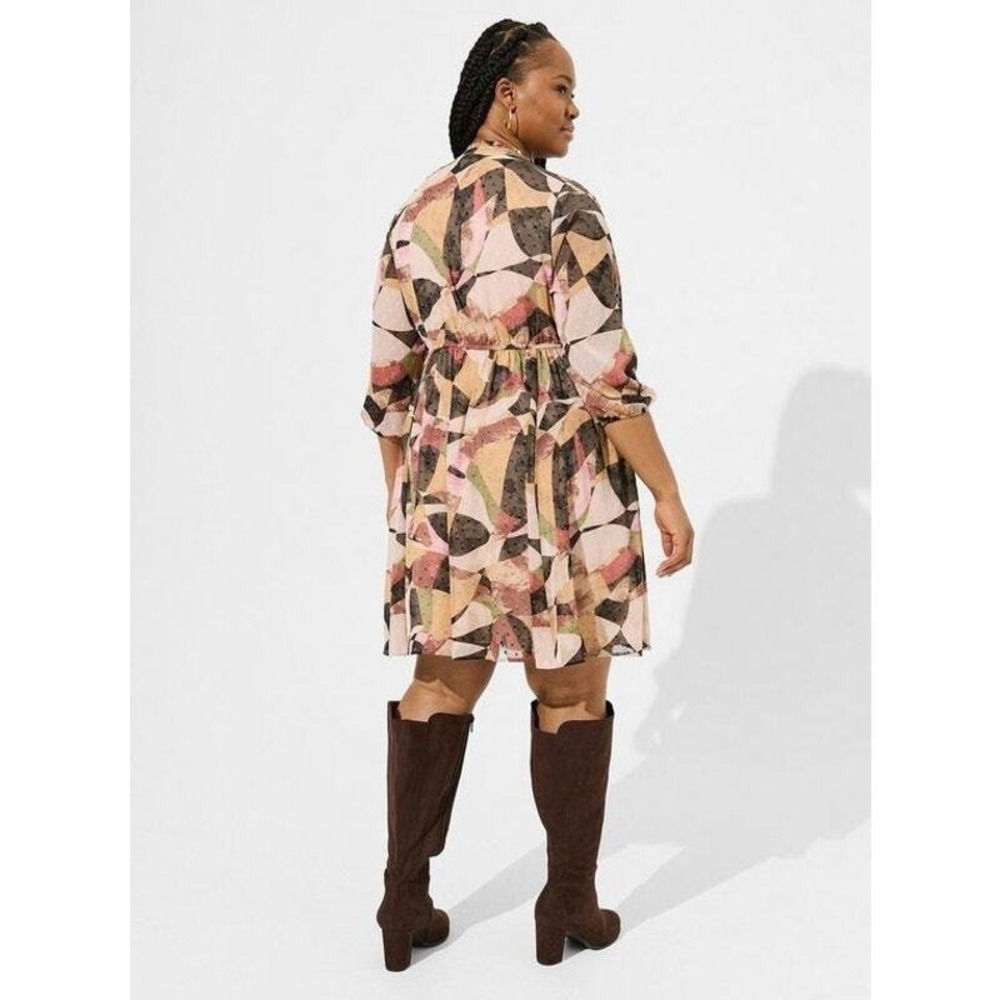 Torrid Mini Clip Keyhole‎ Dress Abstract Print Tie Neck 3/4 Sleeve Chiffon Lined - Picture 2 of 13